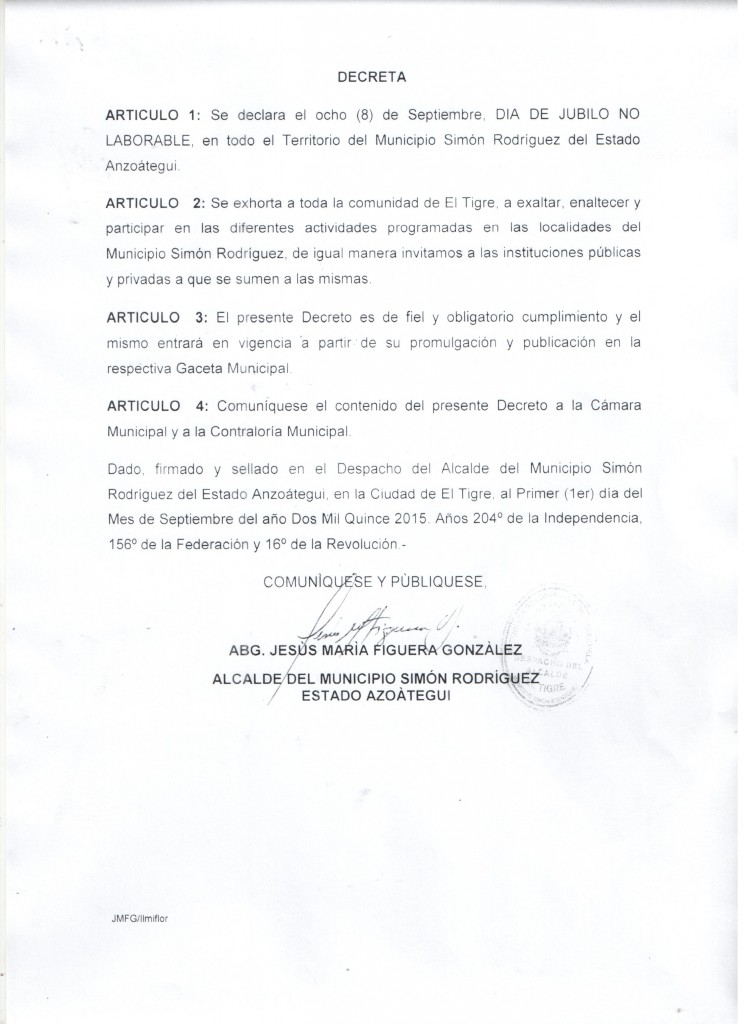 Decreto AMSR 8 septiembre 2015