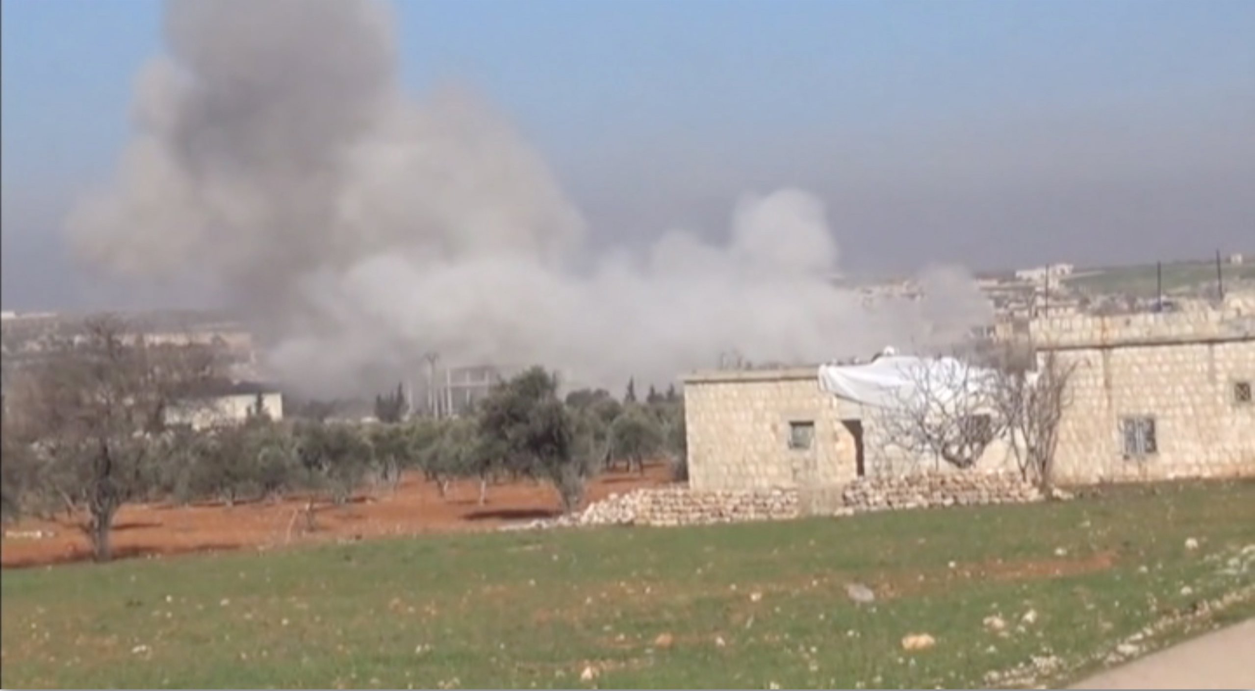 Still image taken from video shows smoke rising from a location said to be a Medecins Sans Frontieres (MSF) supported hospital in Marat al Numan, Idlib, Syria