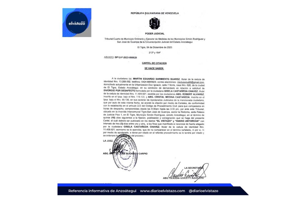 Cartel emitido por el Tribunal Cuarto de los municipios Simón Rodríguez y San José de Guanipa