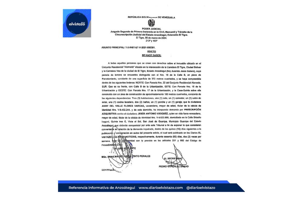 Cartel emitido por el Juzgado Segundo en lo Civil, Mercantil y Tránsito de El Tigre, demanda por prescripción adquisitiva