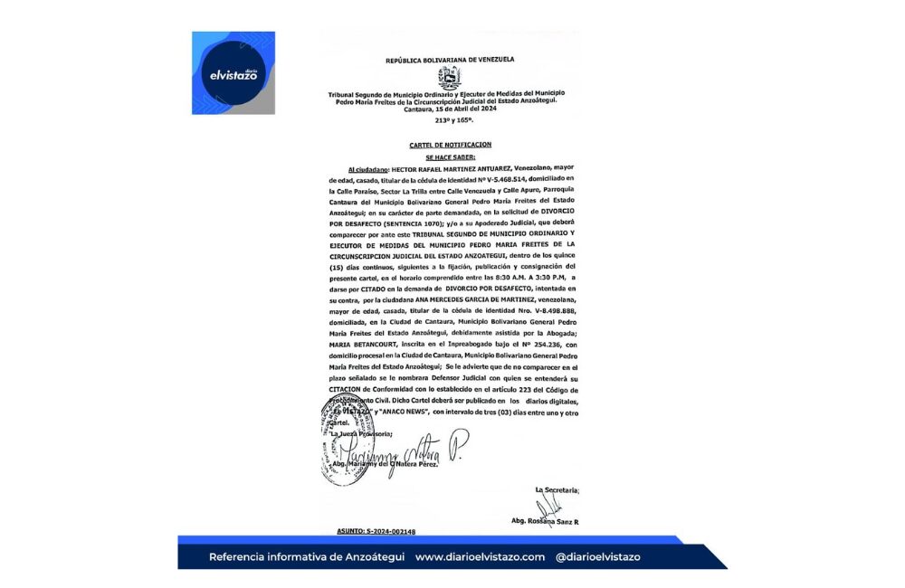 Cartel de Divorcio emitido por el Tribunal Municipal del municipio Pedro María Freites