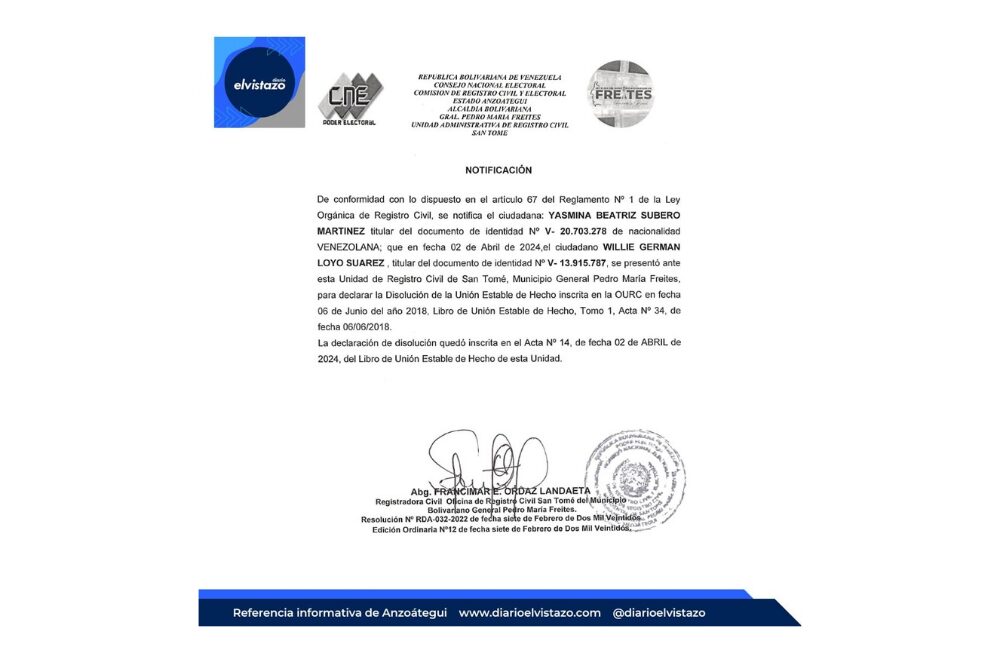 Cartel de Disolución de Unión Estable de Hecho emitido por el Registro Civil de San Tomé