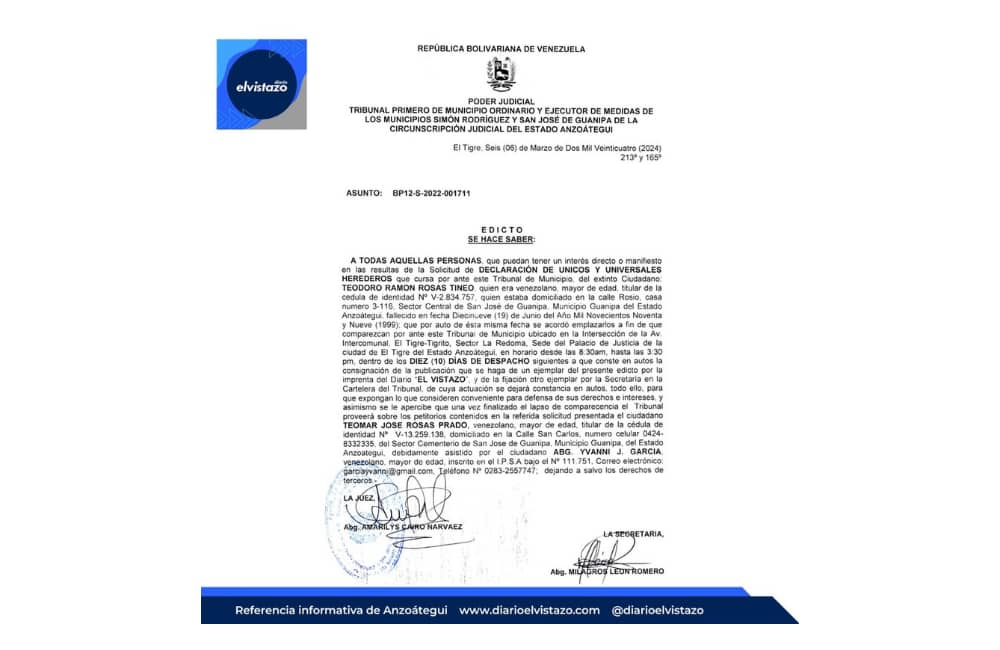 Edicto emitido por el Tribunal Primero de los municipios Simón Rodríguez y Guanipa
