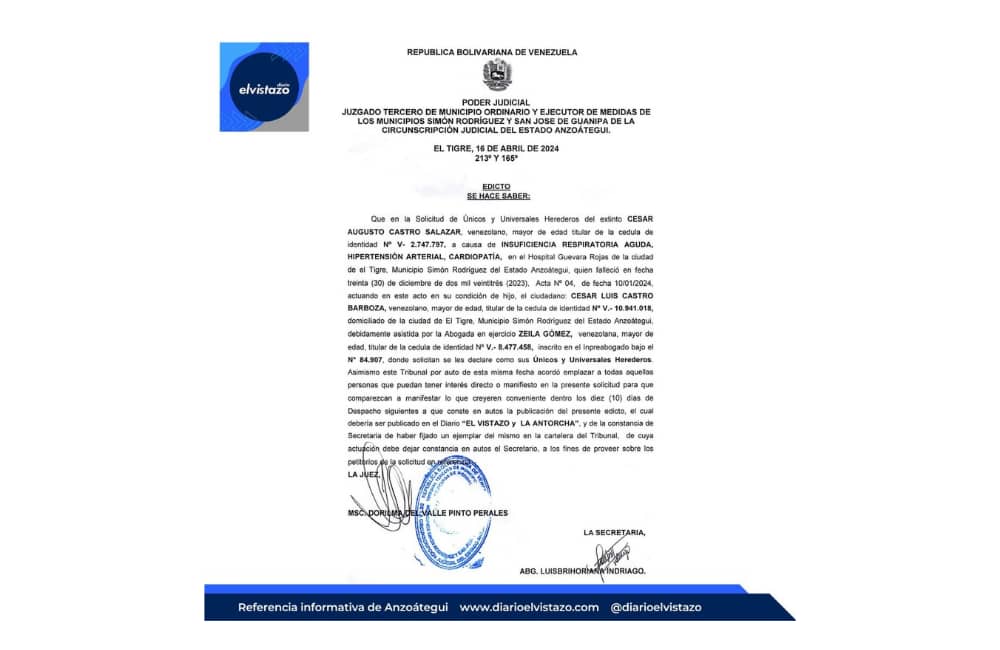 Edicto del Juzgado Tercero de Municipio Ordinario y Ejecutor de Medidas de los Municipios Simón Rodríguez y San José de Guanipa