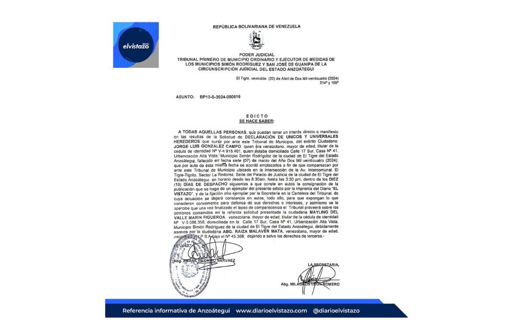 Edicto emitido por el Tribunal Primero de los municipios Simón Rodríguez y Guanipa