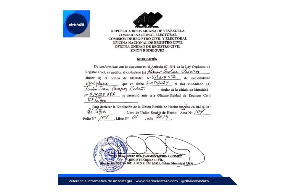 Registro Civil del municipio Simón Rodríguez emitió notificación por Disolución de Unión Estable de Hecho