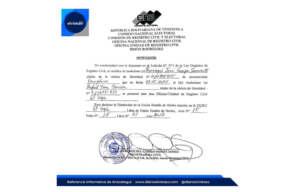 Registro Civil del municipio Simón Rodríguez emitió una notificación por Disolución de Unión Estable de Hecho