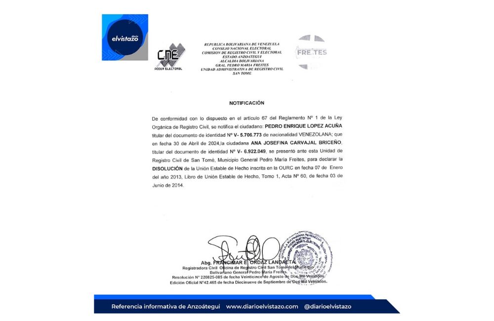 Disolución de Unión Estable de Hecho emitida por el Registro Civil de San Tomé