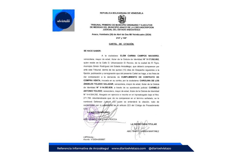 Cartel emitido por el Tribunal Primero de municipio de Anaco, por demanda de cumplimiento de contrato de compra venta