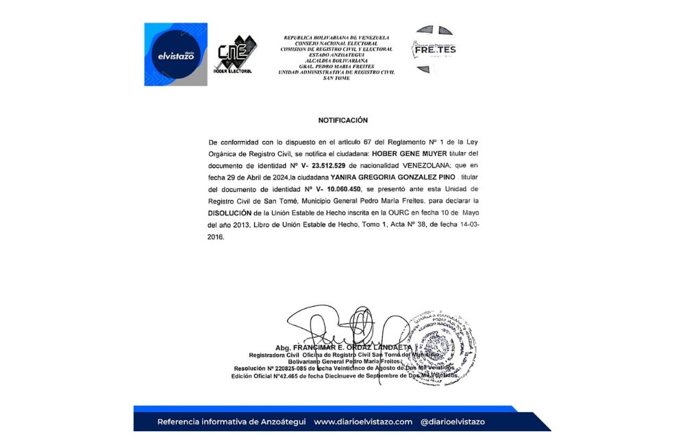 Disolución de Unión Estable de Hecho emitida por el Registro Civil de San Tomé