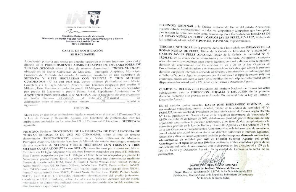 Cartel emitido por el presidente del INTI, en atención a un lote de terreno ubicado en Atapirire, municipio Francisco de Miranda de Anzoátegui
