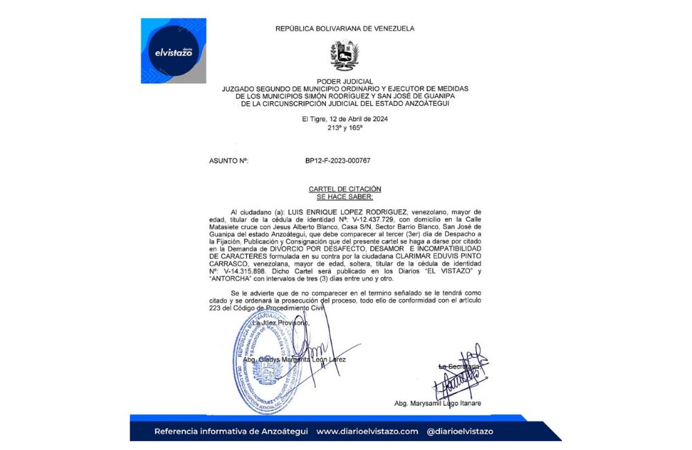 Cartel emitido por el Juzgado Segundo de los municipios Simón Rodríguez y Guanipa
