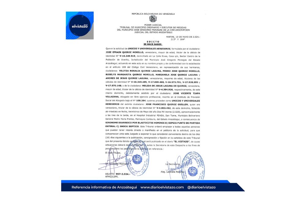 Edicto publicado por el Tribunal de Municipio del municipio José Gregorio Monagas
