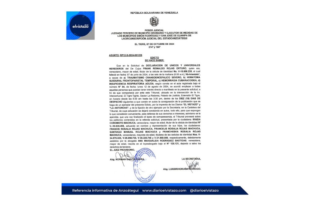 Edicto del Juzgado Tercero de los Municipios Simón Rodríguez y San José de Guanipa en atención a la solicitud de Declaración de Únicos y Universales Herederos de Frank Reinaldo Rojas Ortuño