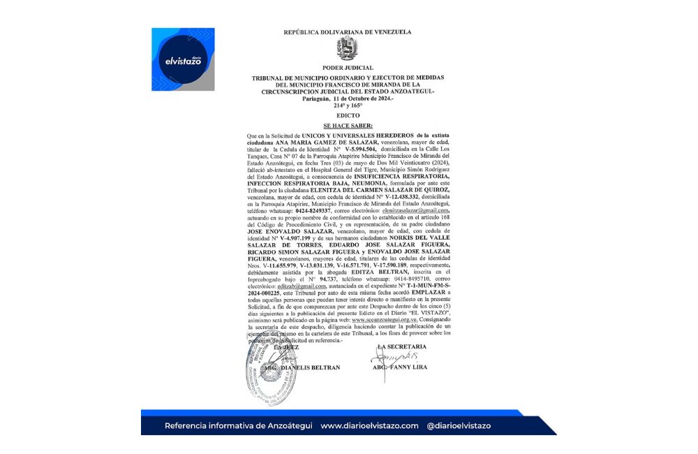 Edicto del Tribunal Municipal del municipio Francisco de Miranda, en atención a la solicitud de Declaración de Únicos y Universales Herederos de Ana María Gámez de Salazar