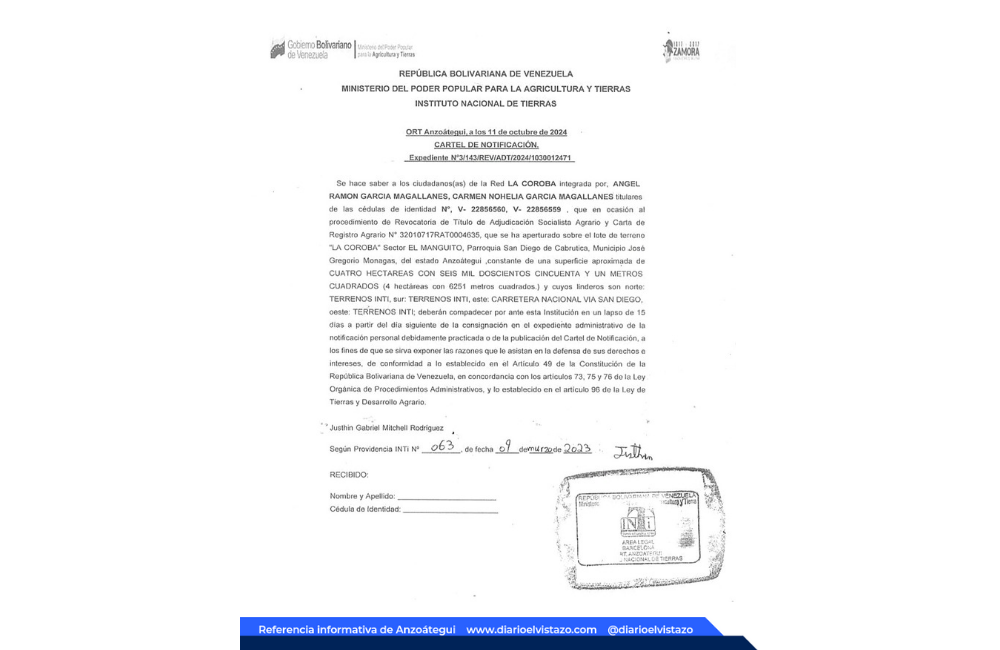 Cartel del INTI ORT Anzoátegui en atención a la Red La Coroba y el lote de terreno «La Coroba»