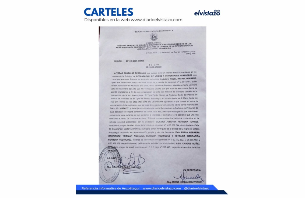 Edicto del Tribunal Primero de los municipios Simón Rodríguez y Guanipa, en atención a la solicitud de Declaración de Únicos y Universales Herederos de Ángel Rafael Herrera