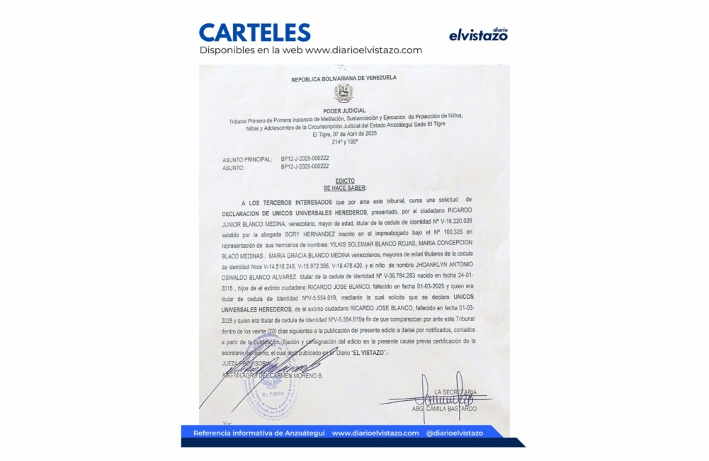 Edicto del Tribunal Primero de Protección de Niños, Niñas y Adolescentes del estado Anzoátegui en atención a la solicitud de Declaración de Únicos y Universales Herederos de Ricardo José Blanco