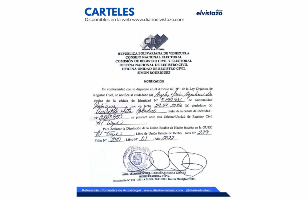 Cartel de Disolución de Unión Estable de Hecho del Registro Civil del municipio Simón Rodríguez, en atención a Oswaldo Mata Golindano y Argelis María Aguilera de Rodríguez