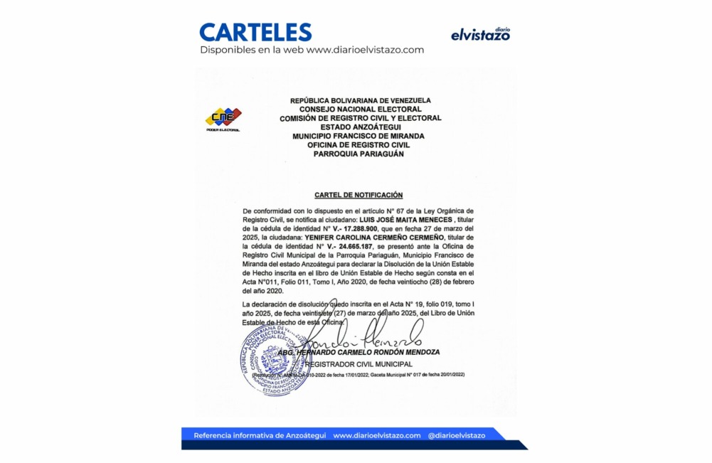 Cartel de Disolución de Unión Estable de Hecho del Registro Civil de Pariaguán en atención a Luis José Maita Meneces y Yenifer Carolina Cermeño Cermeño