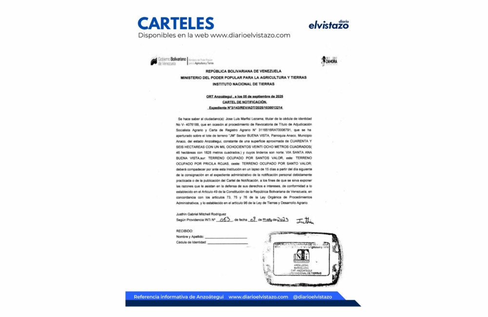 Cartel INTI ORT Anzoátegui en atención a José Luis Marfisi Lezama y el lote de terreno «JM»