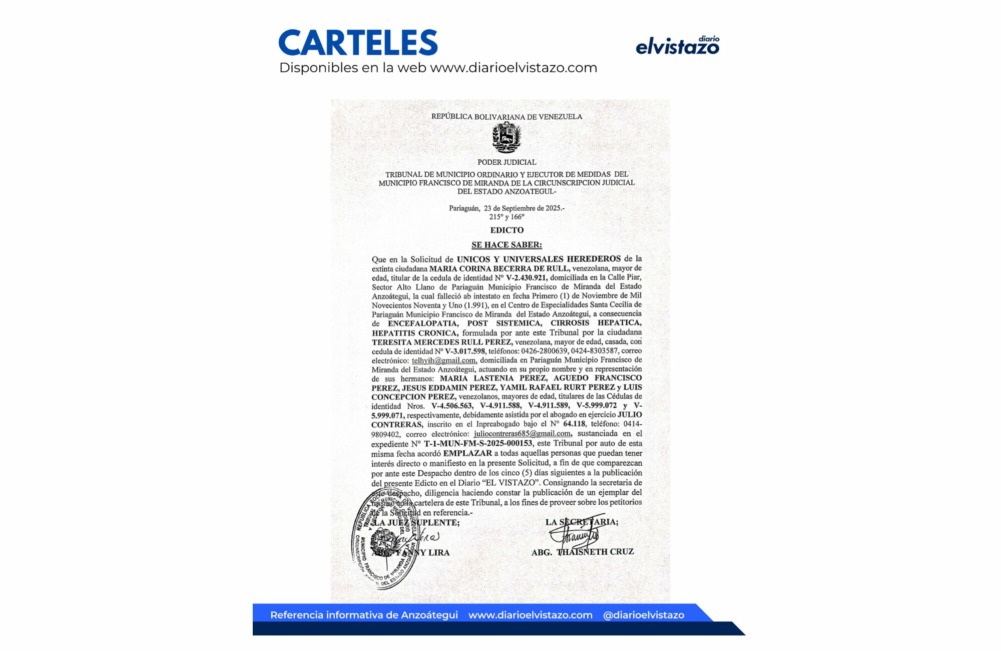 Edicto del Tribunal Municipal del municipio Francisco de Miranda, en atención a la solicitud de Declaración de Únicos y Universales Herederos de María Corina Becerra de Rull