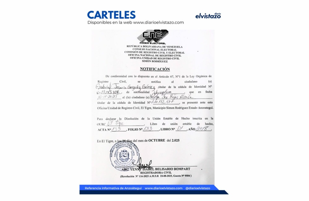 Cartel de Disolución de Unión Estable de Hecho del Registro Civil del municipio Simón Rodríguez en atención a Gabriel Jesús González Gómez y Yelitza José Rojas Alcalá