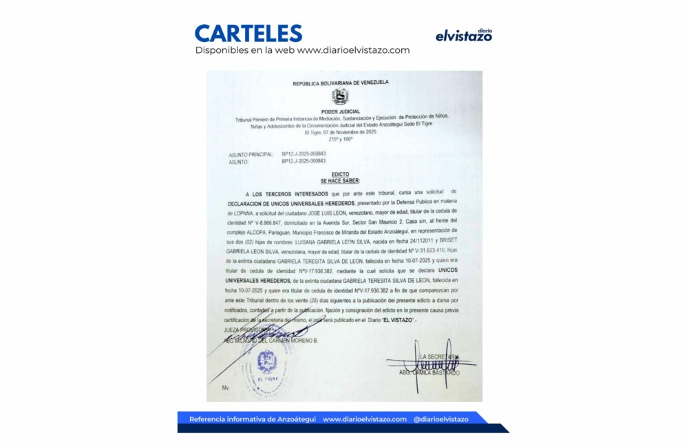 Edicto del Tribunal Primero de Protección de Niños, Niñas y Adolescentes del estado Anzoátegui en atención a la solicitud de Declaración de Únicos y Universales Herederos de Gabriela Teresita Silva de León