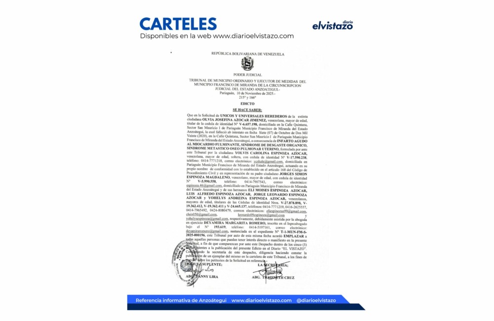Edicto del Tribunal Municipal del municipio Francisco de Miranda, en atención a la solicitud de Declaración de Únicos y Universales Herederos de Olivia Josefina Azócar Jiménez