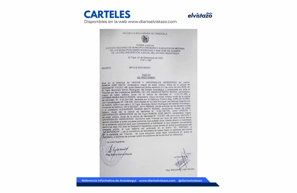 Edicto del Juzgado Segundo de los municipios Simón Rodríguez y Guanipa por la solicitud de Únicos y Universales Herederos de Ramón José Maita