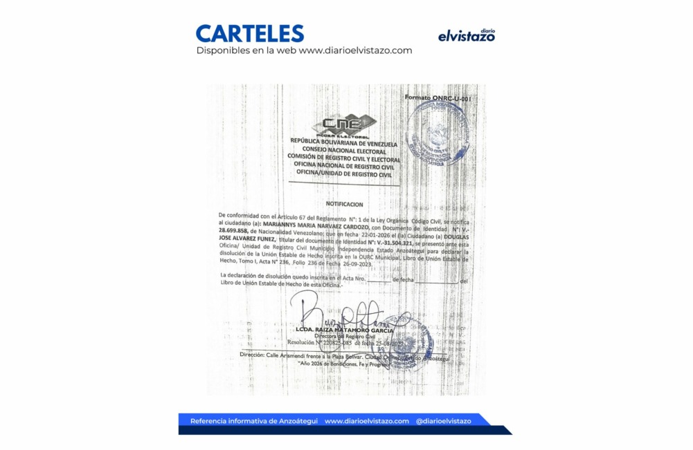 Cartel de Disolución de Unión Estable de Hecho del Registro Civil del municipio Independencia en atención a Mariannnys María Narváez Cardozo y Douglas José Álvarez Fúnez
