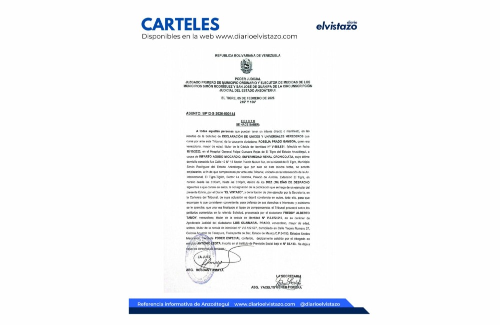 Edicto del Juzgado Primero de los Municipios Simón Rodríguez y Guanipa en atención a la Declaración de Únicos y Universales Herederos de Roselia Prado Gamboa