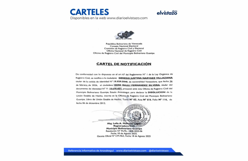 Cartel de Disolución de Unión Estable de Hecho emitido por el Registro Civil de Guanipa, en atención a Edni Rauli Fernández Silvera y Génesis Justina Narváez Villazana