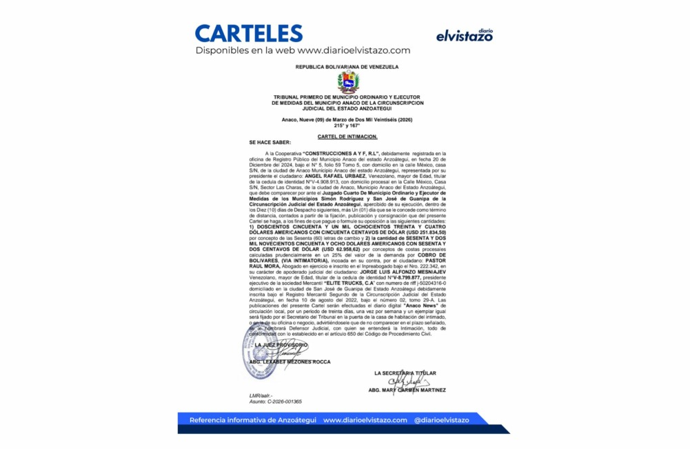 Cartel de Intimación emitido por el Tribunal Primero de Municipio de Anaco en atención a Construcciones A y F, R. L. y el ciudadano Ángel Rafael Urbáez