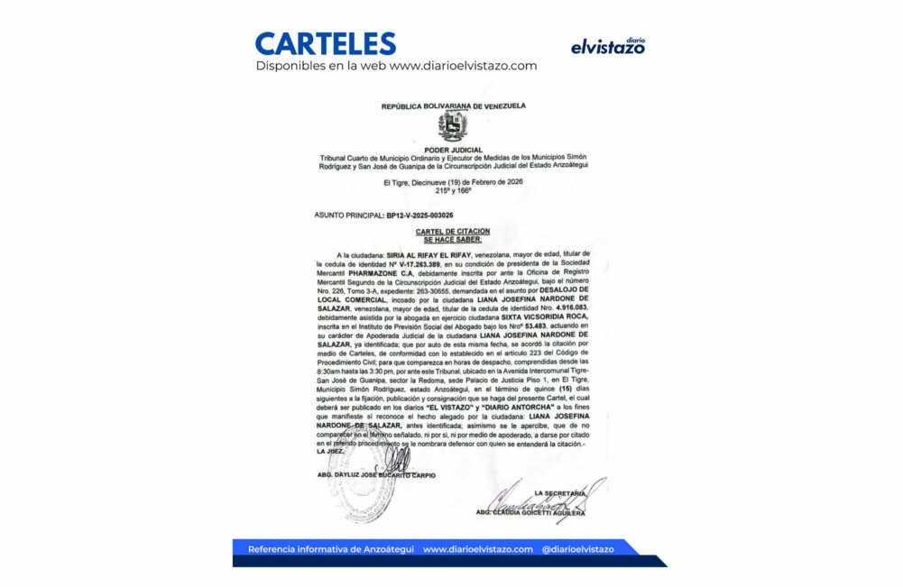 Cartel de Citación del Tribunal Cuarto de los municipios Simón Rodríguez y Guanipa en atención a Siria Al Rifay El Rifay y la Sociedad Mercantil Pharmazone C.A.