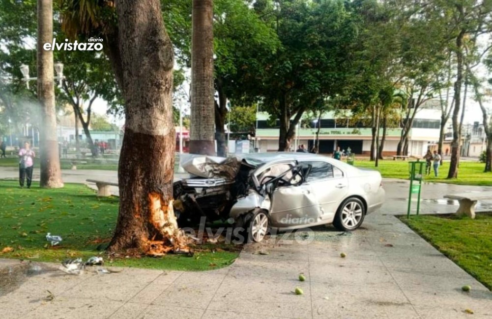Muere conductora que colisionó su Ford Fusion contra un árbol en la plaza Bolívar de El Tigre tras sufrir infarto