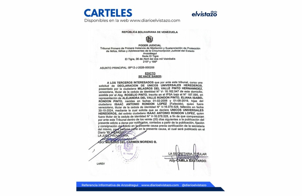 Edicto del Tribunal Primero de Protección de Niños, Niñas y Adolescentes del estado Anzoátegui en atención a la solicitud de Declaración de Únicos y Universales Herederos de Isaac Antonio Rondón López