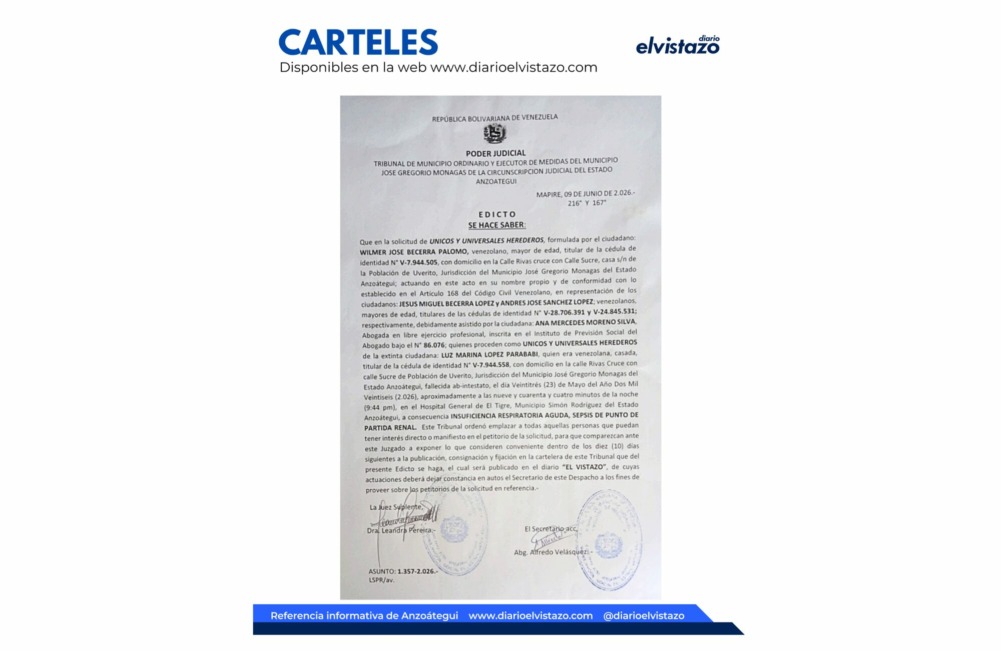 Edicto del Tribunal Municipal de Mapire en atención a la Declaración de Únicos y Universales Herederos de Luz Marina López Parababi