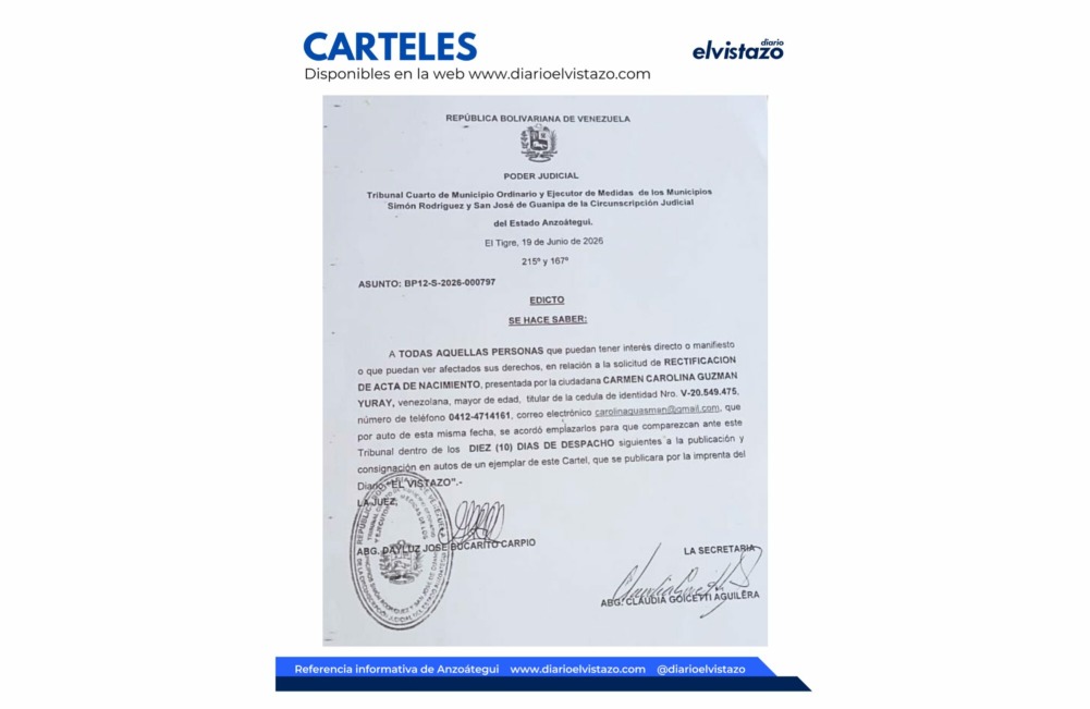 Edicto del Tribunal Cuarto de los Municipios Simón Rodríguez y Guanipa en atención a la Solicitud de Rectificación de Acta de Nacimiento presentada por Carmen Carolina Guzmán Yuray