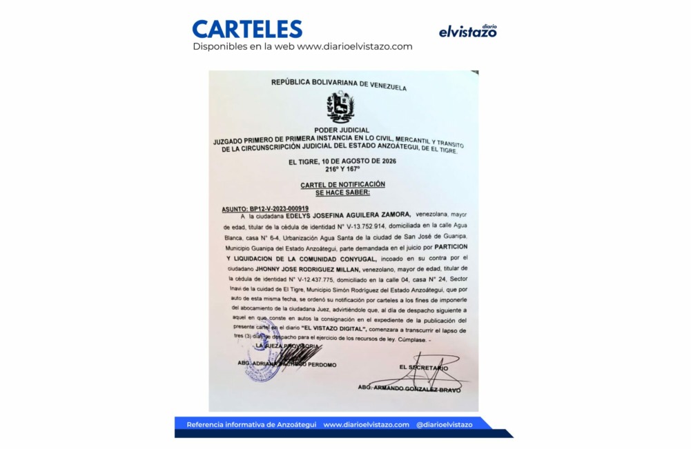 Cartel de Notificación del Juzgado Primero en lo Civil, Mercantil y Tránsito de El Tigre, en atención a Edelys Josefina Aguilera Zamora y Jhonny José Rodríguez Millán