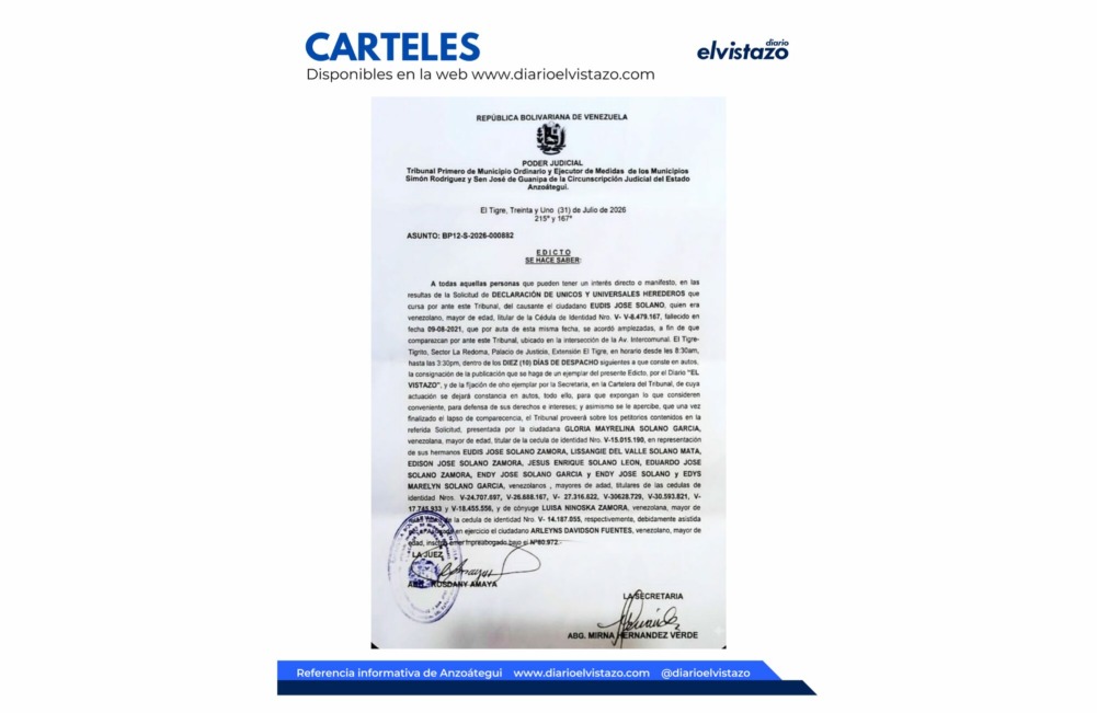Edicto del Tribunal Primero de los Municipios Simón Rodríguez y Guanipa en atención a la Declaración de Únicos y Universales Herederos de Eudis José Solano