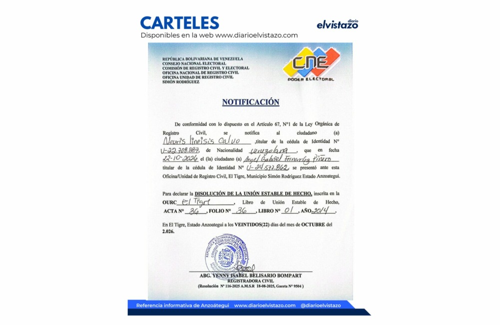 Cartel de notificación emitido por el Registro Civil del municipio Simón Rodríguez en atención a Ángel Gabriel Fernández Piñero y Neuris Lineisys Calvo